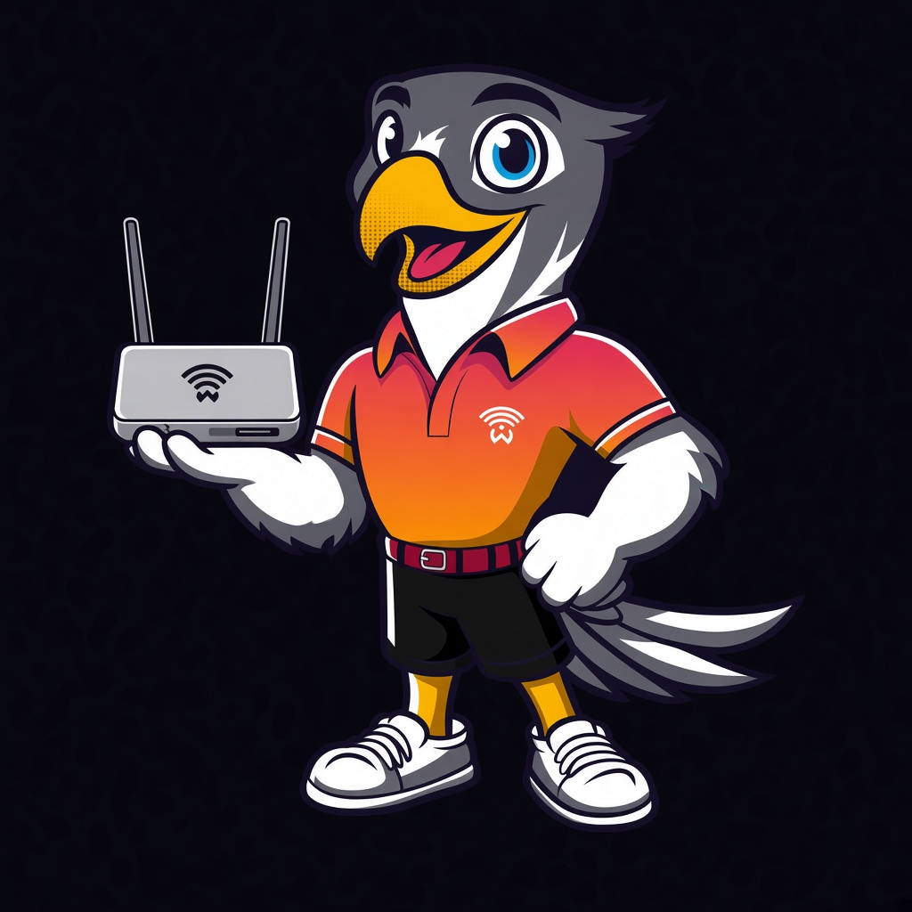 Mascota de ZonaWish sosteniendo un router
